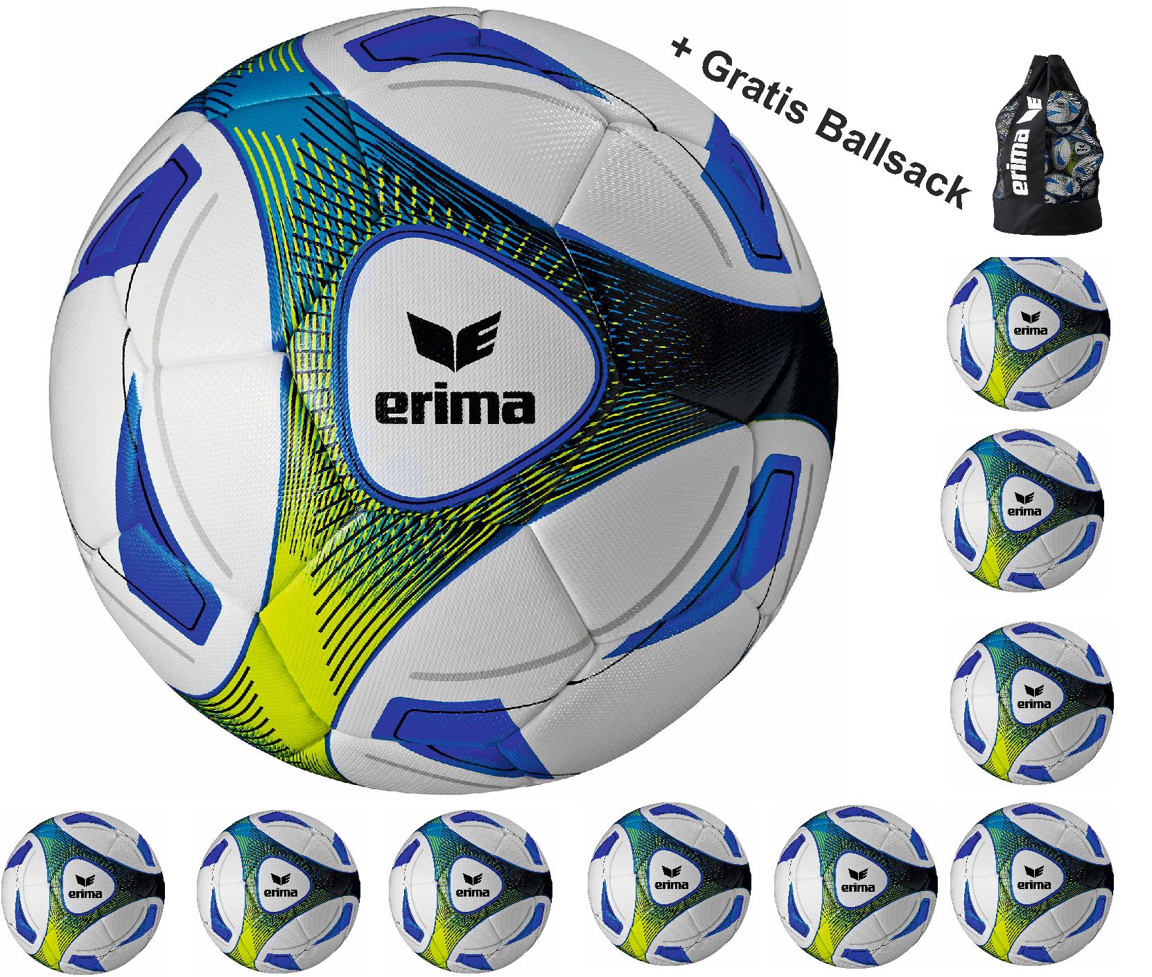 10x Erima Fußbälle Trainingsball Hybrid Training 719505  inkl. Ballsack
